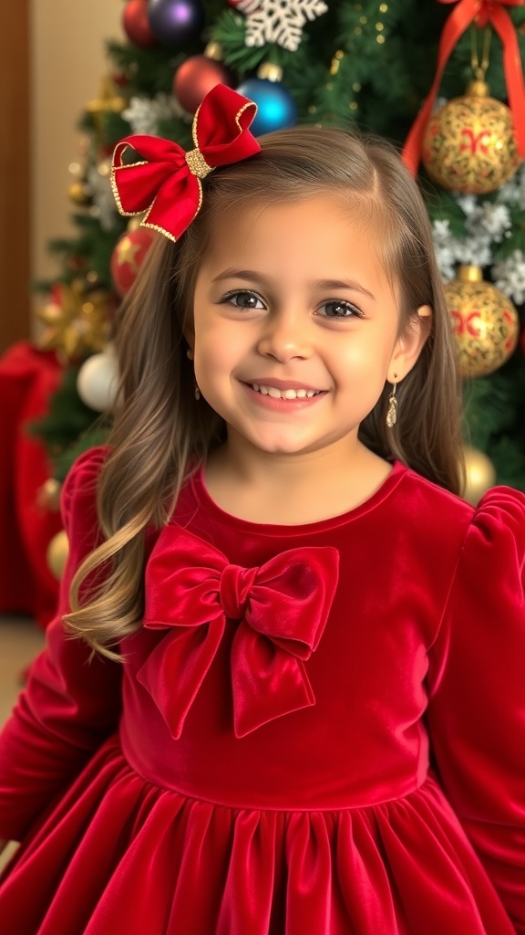 Festive Christmas Outfit Ideas for Girls A girl in a red velvet dress with a bow, celebrating Christmas with decorations.
